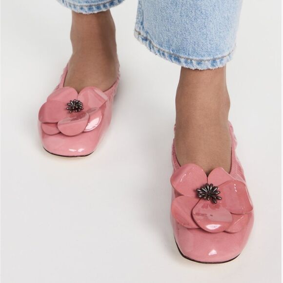 Tory Burch Pink Flower Ballet Flats Size 9 1/2 Patent Leather - Picture 6 of 11
